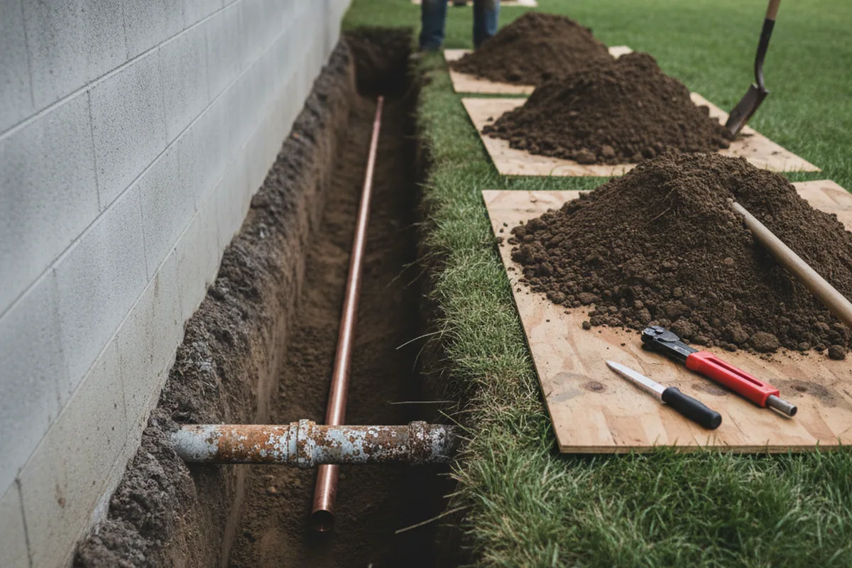 Excavated water line trench during Water Softener Installation in La Fontaine